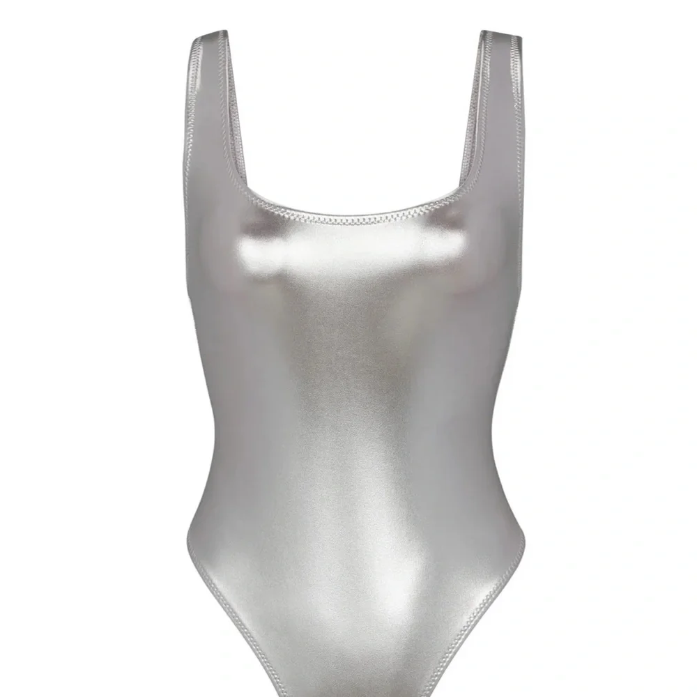 NWT Skims Metallic Swim High Cut One Piece Nickel M